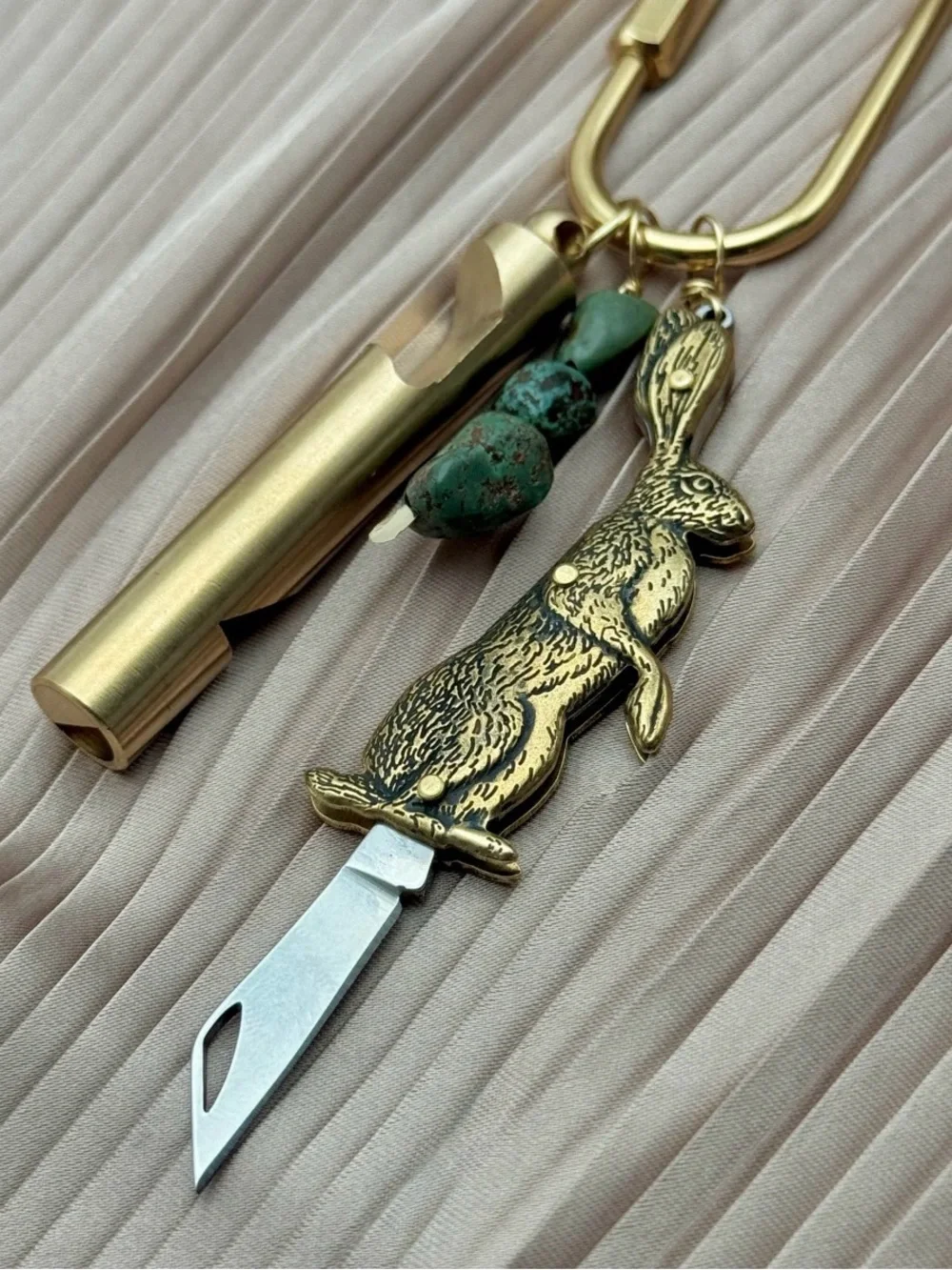 Gold Rabbit Whistle Keychain with Green Stone Beads